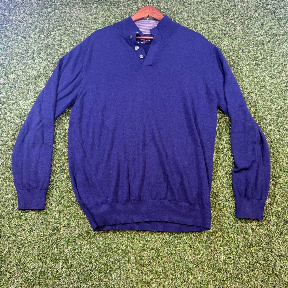 Charles Tyrwhitt Mens XL Navy Blue Mock Neck Button Sweater Jermyn Street London